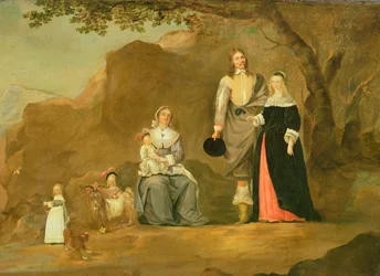 Family Group with a Dog and Goat in a Mountainous Landscape
